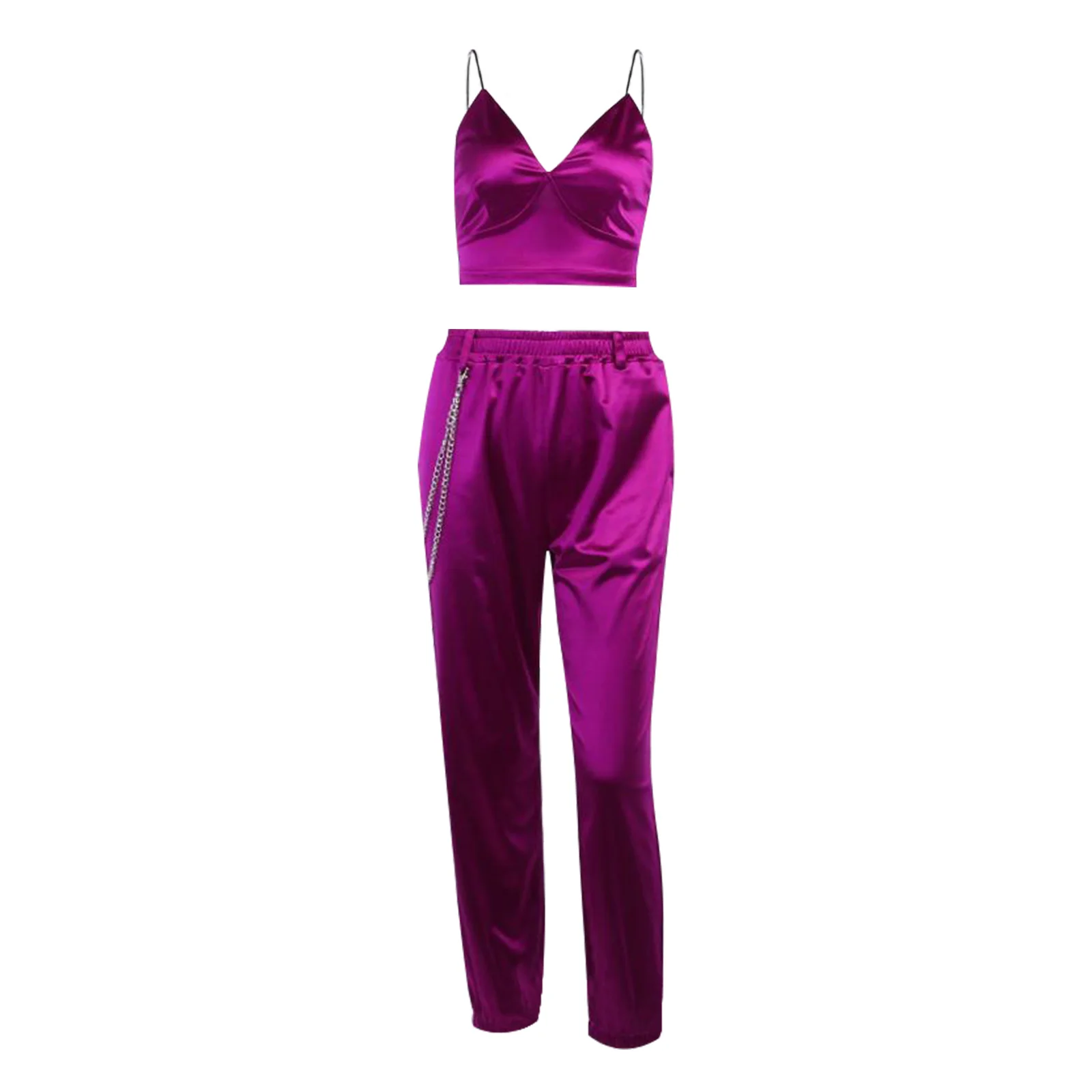 

Women Two-piece Clothes Set, Purple Solid Color Deep V-neck Suspender Top + Long Pants, S/ M/ L/ XL/ XXL
