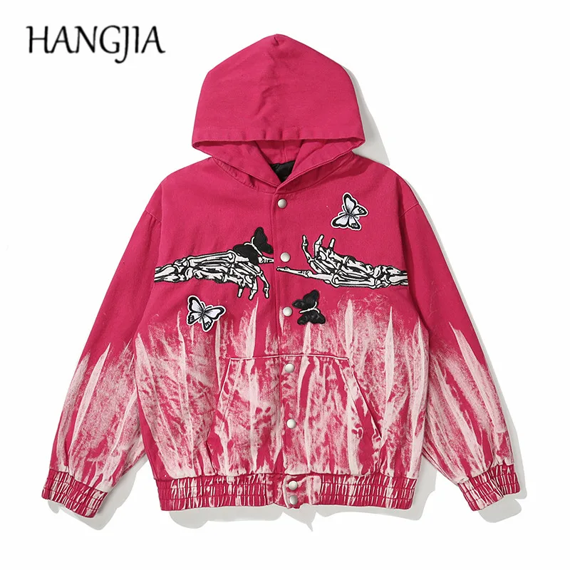 

Hip Hop Splash Ink Spray Paint Distressed Hooded Denim Jackets Streetwar Skulls Butterfly Patchwork Embroidery Denim Outwear