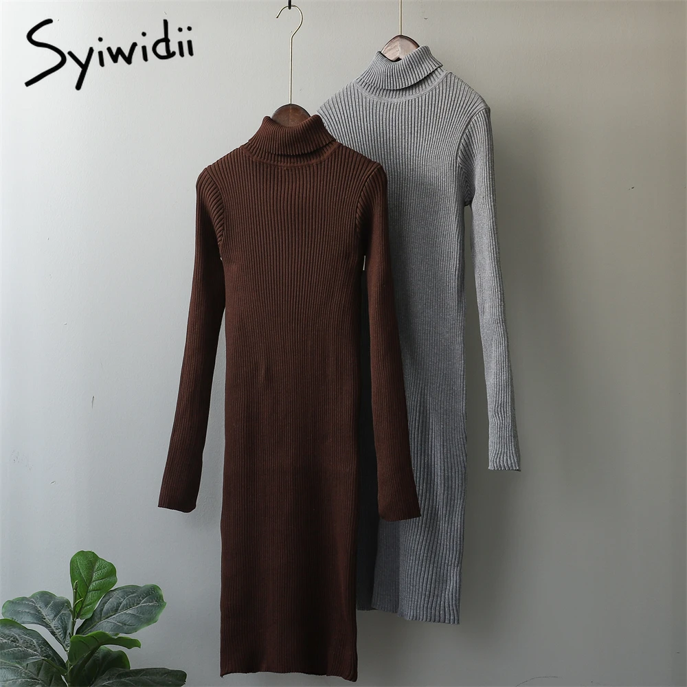 

Syiwidii 2021 Winter Thicken Midi Dresses for Women Turtleneck Sweater Dress Elegant Female Casual Bodycon Sexy Long Knit Dress
