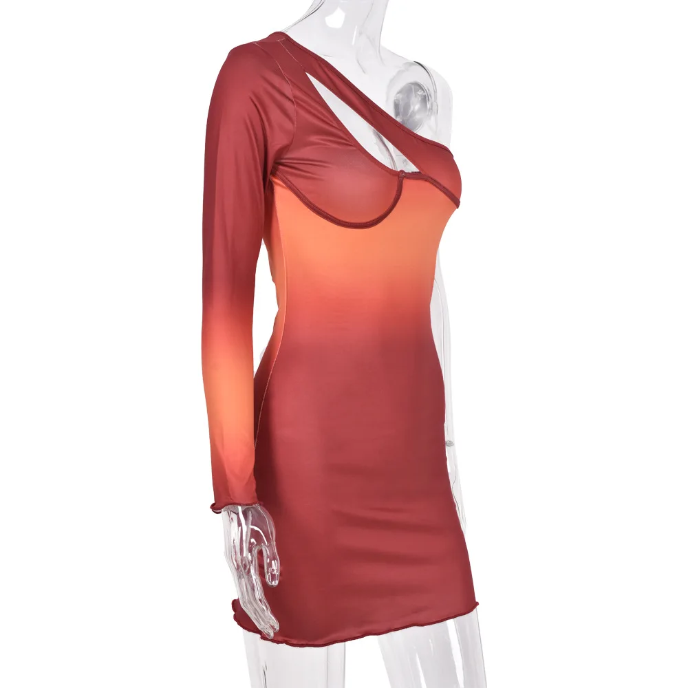 

Eversea One Slope Shoulder Gradual Color Design One Piece Women Fit Sexy Dress