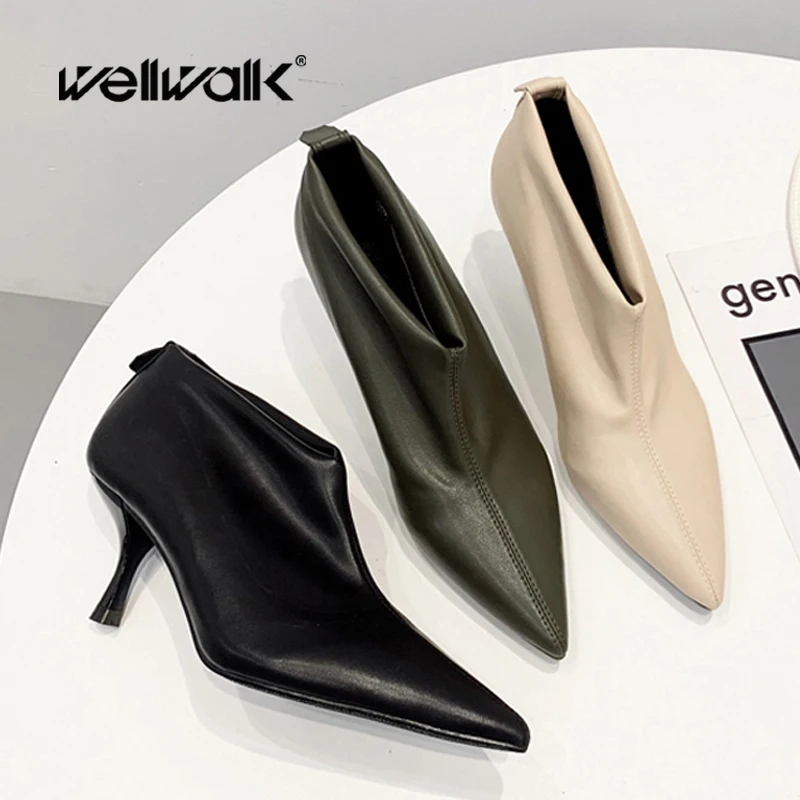 Женские дизайнерские короткие ботинки зимняя обувь на тонком каблуке с острым