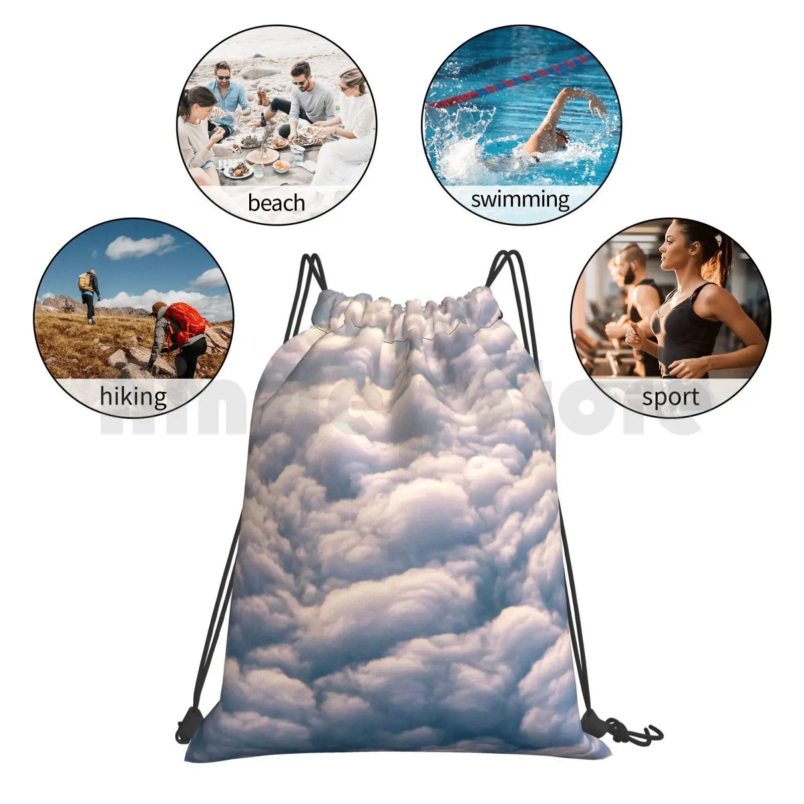 

Above The Clouds Backpack Drawstring Bags Gym Bag Waterproof Flying Cloud Blue White Sky Above Heaven Soft Weather Fluffy
