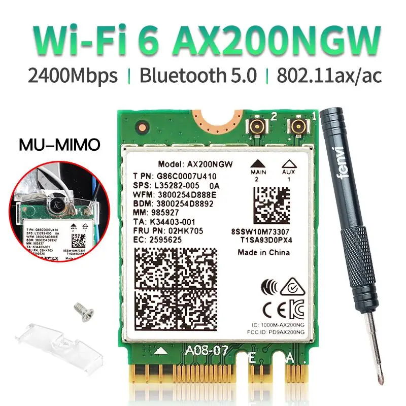 Беспроводной двухдиапазонный адаптер для Intel AX200 WiFi 6 802.11ax/ac 2400 Мбит/с NGFF M.2 Key E