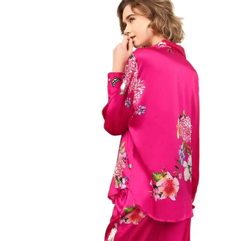 Real Silk Pajama Female Spring Autumn Silkworm Silk Long-Sleeve Sleepwear Woman Rich Red Two-Piece Pyjama Sets T8182