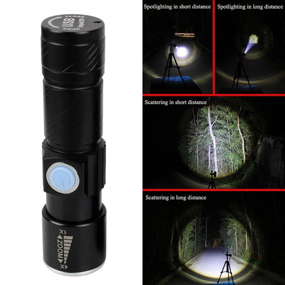 USB фонарик мощный ручной светодиодный с 3 режимами водонепроницаемый мини зумом