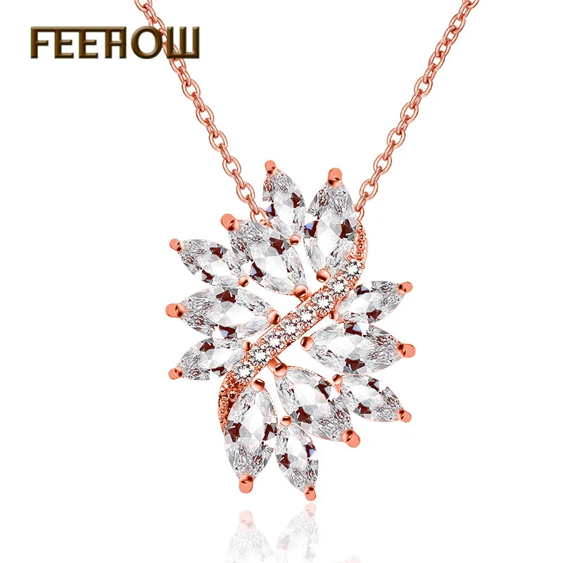 FEEHOW Модное колье с длинной цепочкой и подвеской в виде цветка из белой цирконии для женщин, модные украшения для свадеб, ужинов и вечеринок, FWNP009.