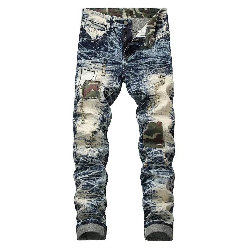 

Men's Vintage Distressed Jeans Water Wash Bleached Patchwork Ripped Hole Camouflage Male Cotton Comfortable Denim Pants