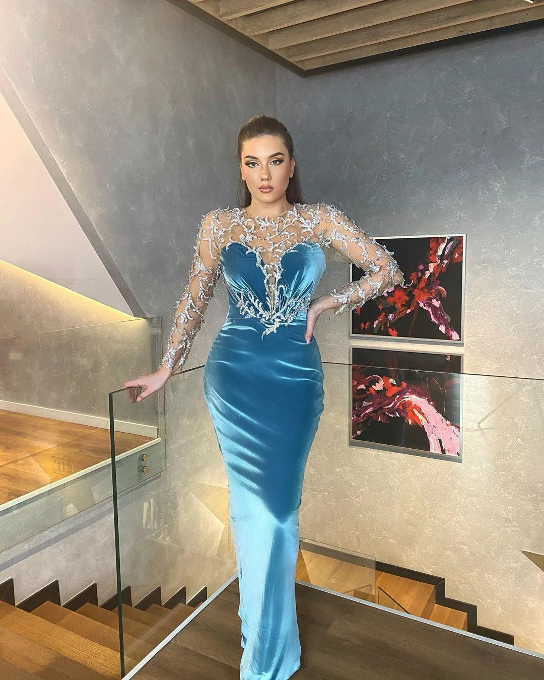 

Arabic Aso Ebi Blue Luxurious Sexy Evening Dresses Beaded Crystals Velvet long sleeve Formal Party Second Reception prom Gowns