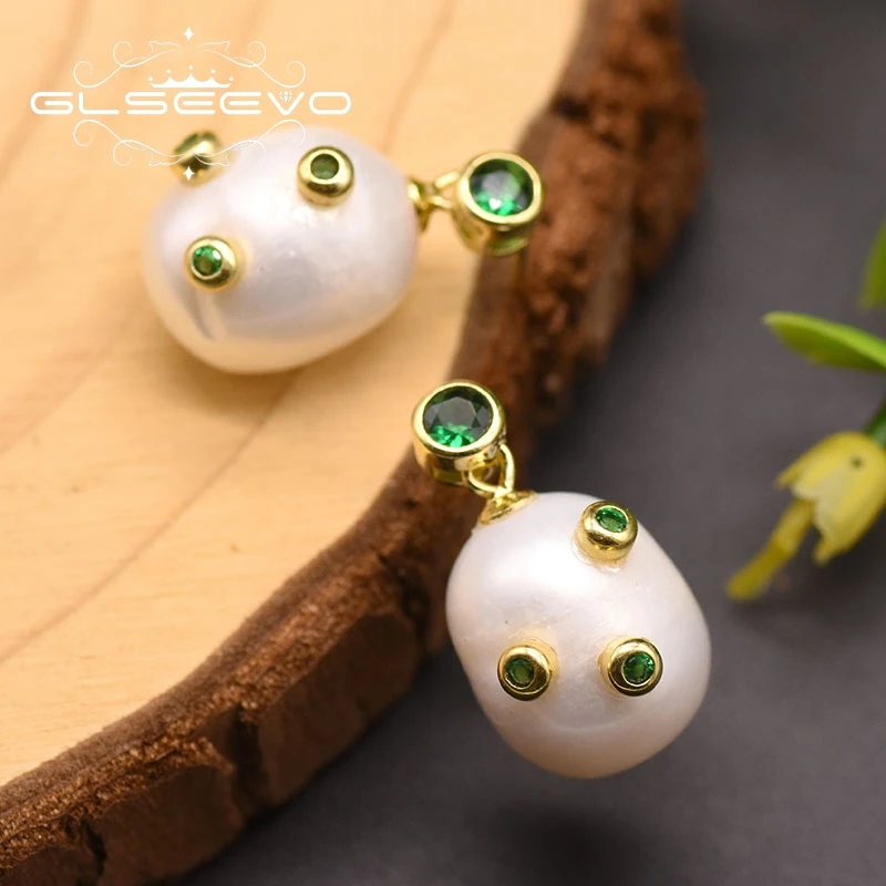 GLSEEVO серьги-капли с натуральным пресноводным белым жемчугом, 925 пробы, серебро, золото, для женщин, для влюбленных, ювелирные изделия ручной работы GE0892A