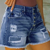 2022 ripped denim shorts patchwork single breasted casual women high elastic shorts summer tassel washed burr blue cowgirl short
