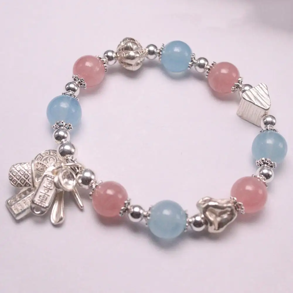 

Real Silver 925 Bracelet Chain For Women Girl Silver Beads Aquamarine Pink Crystal Beads Lucky Bag Cat Bracelet 17cm Treasures