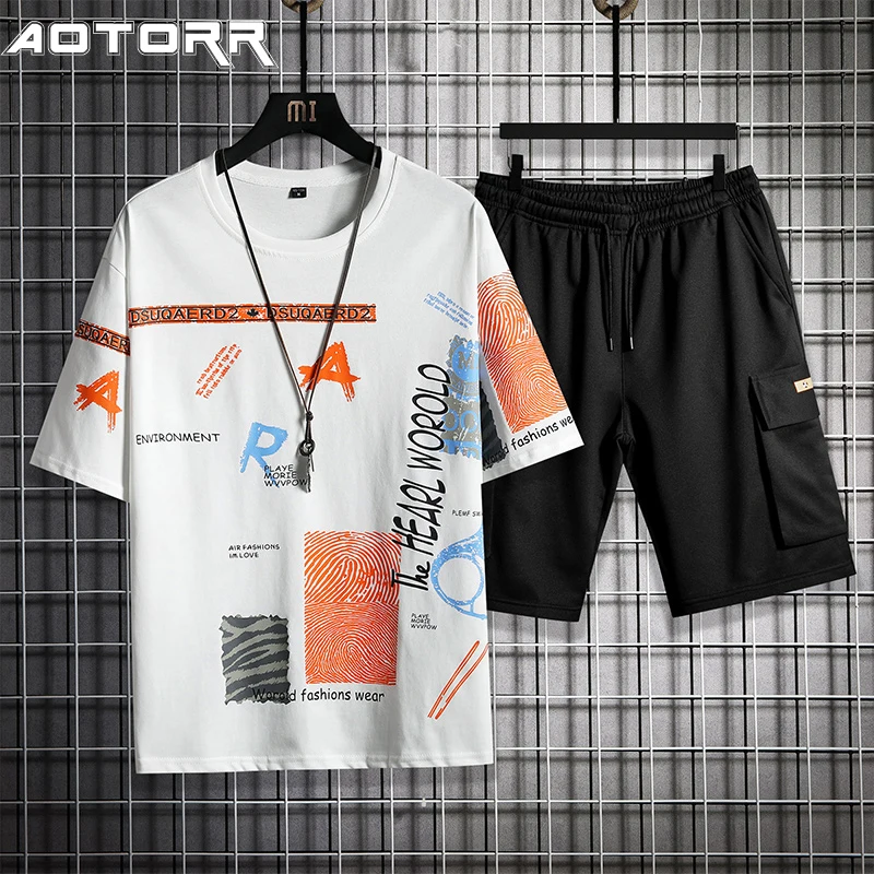 

Мужской комплект из футболки и шортов, Повседневная футболка с коротким рукавом и принтом в стиле Харадзюку, Модный комплект из 2 предметов, ...
