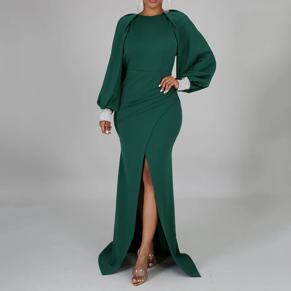 

Green Elegant Long Dress Women Night Mermaid Fashion Autumn Vintage Long Sleeves Split Sexy Formal Party Female Maxi Dresses
