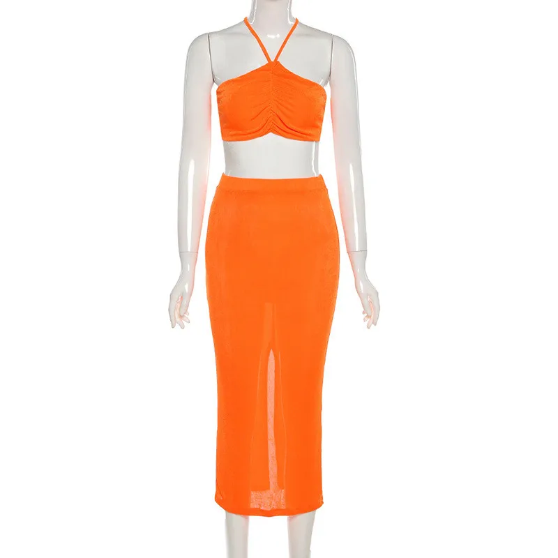 

2021 Sexy Halter Bandage Neon Orange Two Piece Skirts Sets Women Tracksuit Fashion Lace Up Camisole and Skirt Suits