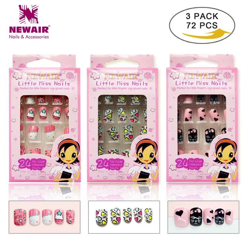 Нажмите на девушка поддельные ногти с дизайном 72 шт полное покрытие Дети