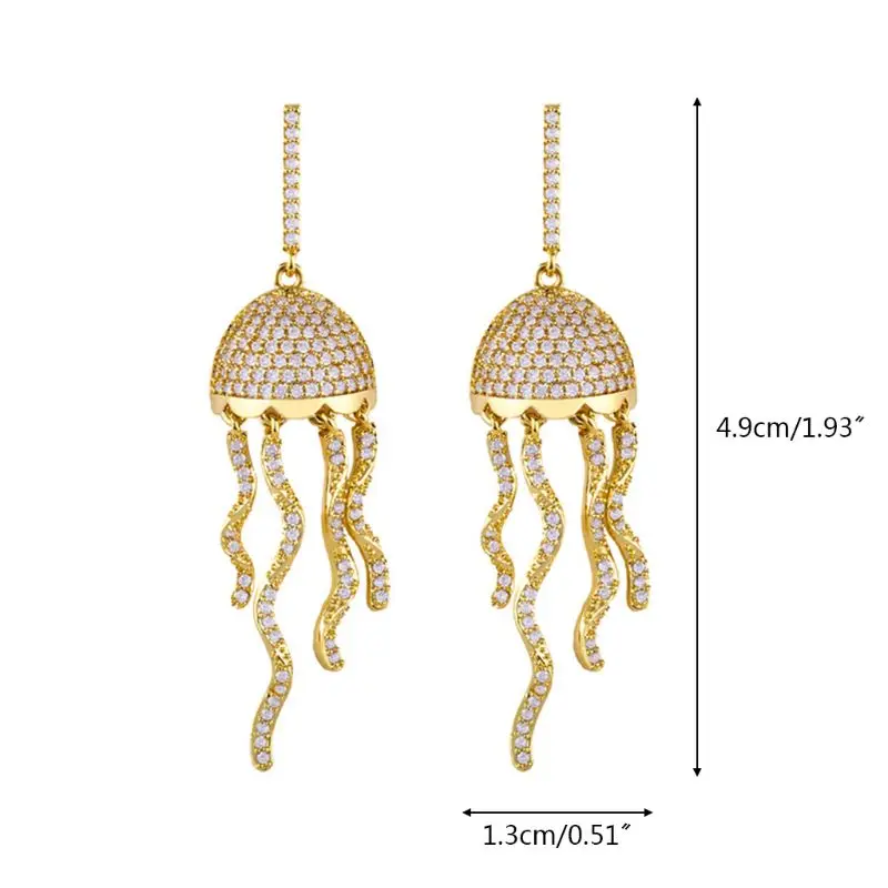 

Long Tassel Wavy Jellyfish Earrings Golden Exquisite Cubic Zirconia Dangle Micro-drill Inlaied Crystal Ear Decor