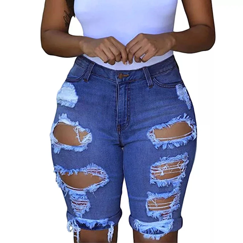

Rainbowwaves 2021 Summer Denim Plus Size Ripped Jean Shorts Pants For Women