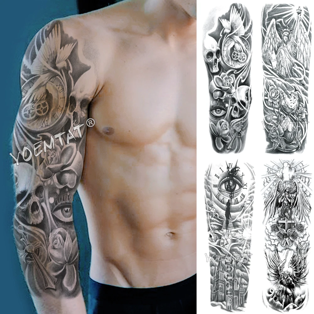 

Large Arm Sleeve Tattoo Clock Pigeon Rose Waterproof Temporary Fake Tatoo Sticker Skull Cross Men Women Full Totem Tatto