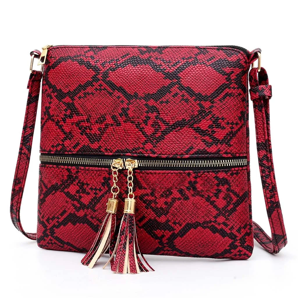 Fashion Women Tassel Snake Printing Zipper Messenger Bag Handbag Shoulder Bag Elegant Small Square Bags#YJ