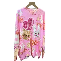 2022 winter new pink cartoon print pullover rhinestone hot drilling loose knitted sweater tide womens clothing