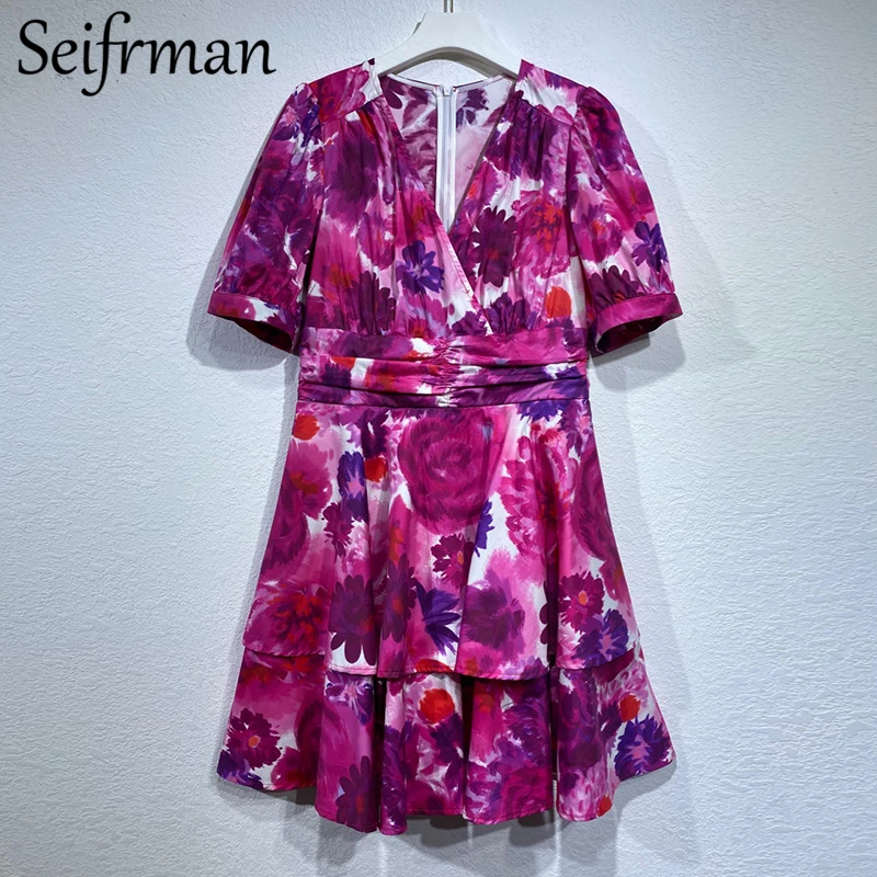 

Женское дизайнерское вечерние чное короткое платье Seifrmann, хлопковое платье с рукавами-фонариками, высокой талией и принтом, лето 2021