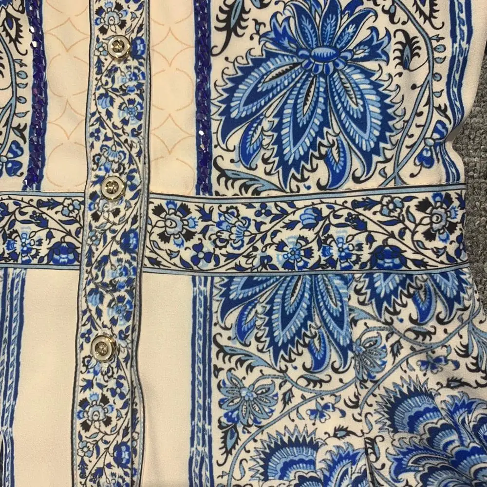 

Spring Runway Long Dresses Women's Full Sleeve Peter Pan Collar Elegant Blue Porcelain Print Party Dress