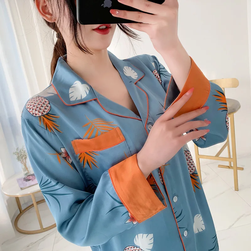 Long Sleeve Pajamas Autumn Long Sleeve Trousers Suit Pineapple Pyjama Set Large Size Two-piece Nightwear Home Service Sleepwear