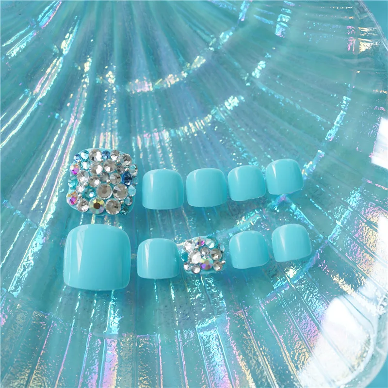 24 шт. морской синий полный дрель поддельные Toenail Короткие квадратные планшеты