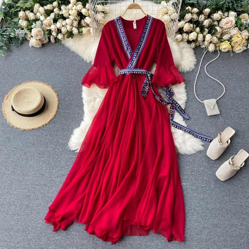 

New Women Long Dress Spring Autumn Woman Sexy V Neck Bandage Chiffon Maxi Dresses Elegant Ladies Party Beach Dress Vestidos