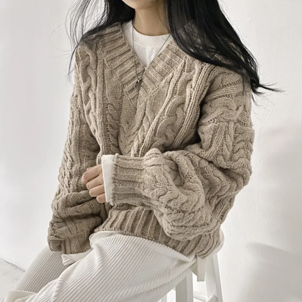 

Sweater Women Solid Color Soft Knitted Sweater V Neck Sweet Sweater 2021 Autumn Winter Cardigan Loose Long Sleeve Sweaters