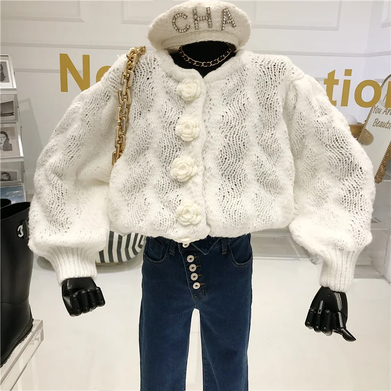 

Sweet Knitted Sweater Women Clothes 2021 Spring New Loose Three-dimensional Flower Breasted Bubble Long-sleeve Cardigan Top