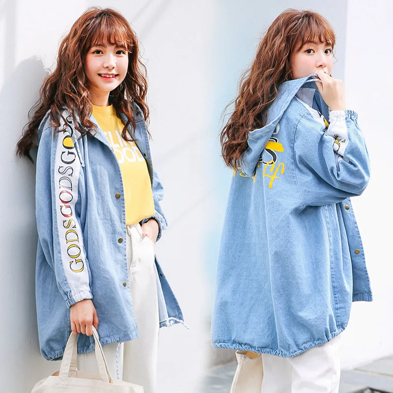 

Letter print outwear loose streetwear denim coat women 2020 Oversized women's denim jacket long hooded jean jacket spring autumn