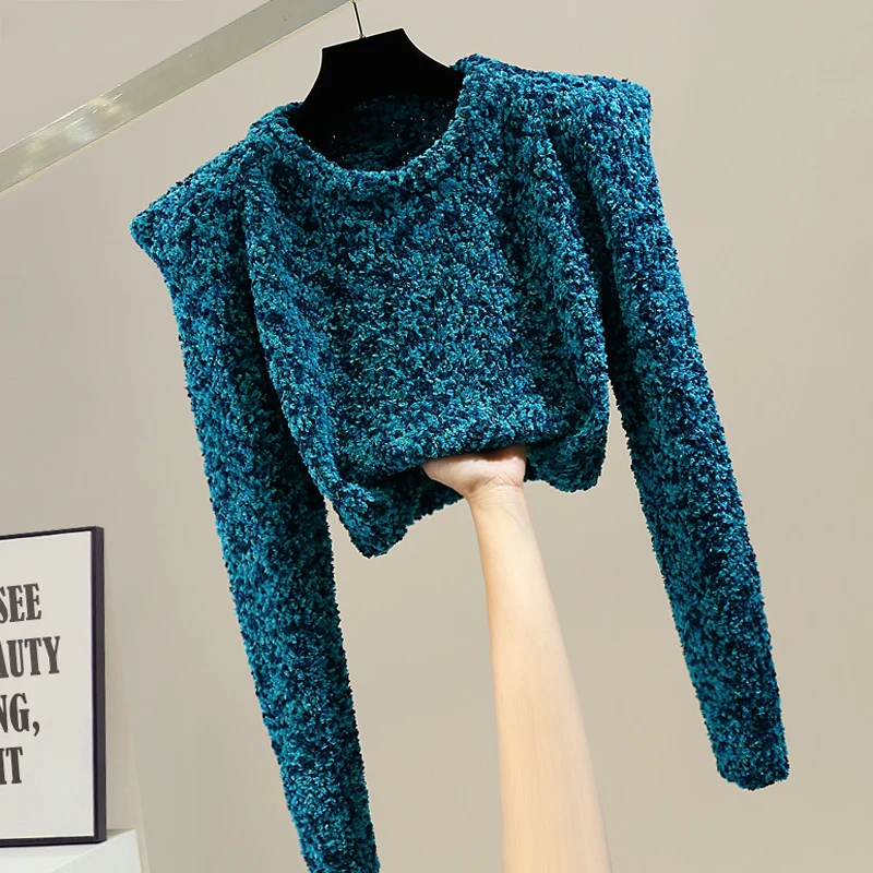 

Fashion Padded Shoulder Fleece Short Crop Top Crew Neck Pullover Sweater Female 2021 New Versatile Winter Sweaters Women Coat