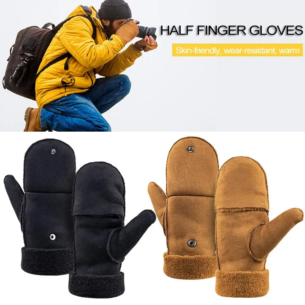 

Half Finger Fur Gloves Fashion Men Winter Autumn Thermal Sheepskin Snow Mittens Outdoor Five Finger Wrist Gloves For Skiing