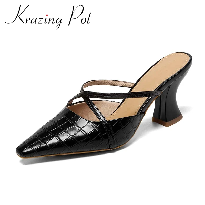 

Krazing pot big size genuine leather pointed toe shallow high heels gentlewomen office lady vitality slip on women sandals L1f2