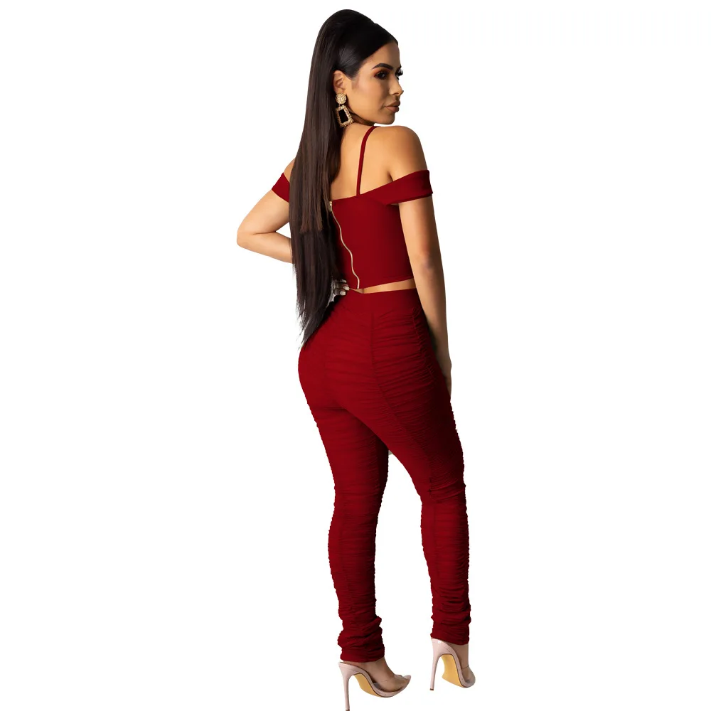 

Mesh Draped Two Piece Set Women Spaghetti Strap Backless Crop Top+ Pleated Pencil Pant Sweat Suits Tracksuit Outfits Plus Size