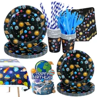 92pcs space theme party decorations planets birthday party supplies disposable straws tablecloths plates cups napkins banners