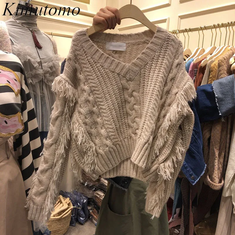 

Kimutomo шикарный Повседневный вязаный пуловер для женщин 2021 Осень Новый Ленивый Стиль V-образный вырез кисточка свободный однотонный Универса...