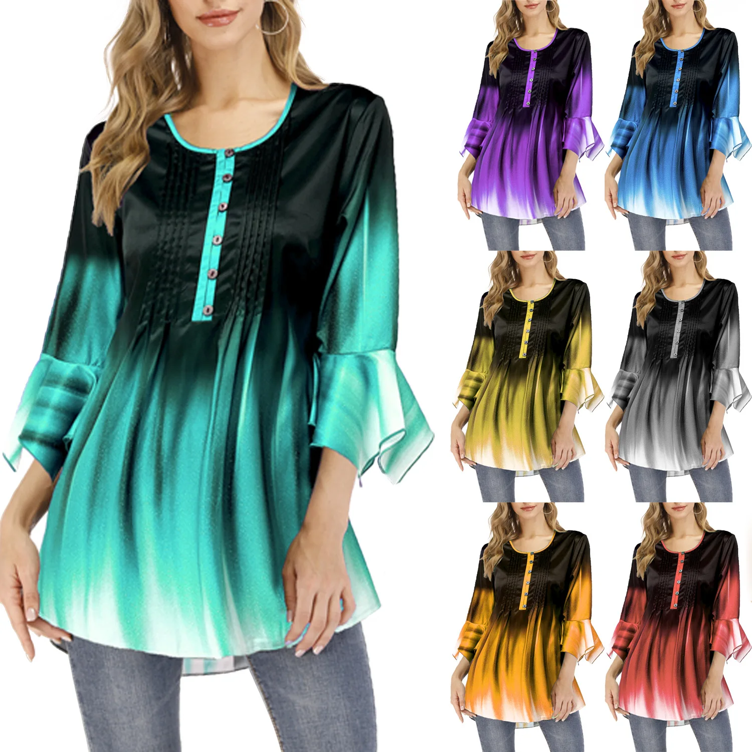 

Women Casual Gradient Color Print Loose T Shirt Ladies Green Button Ruffle Long Sleeve Plus Size 5xl Splicing Tee Shirts
