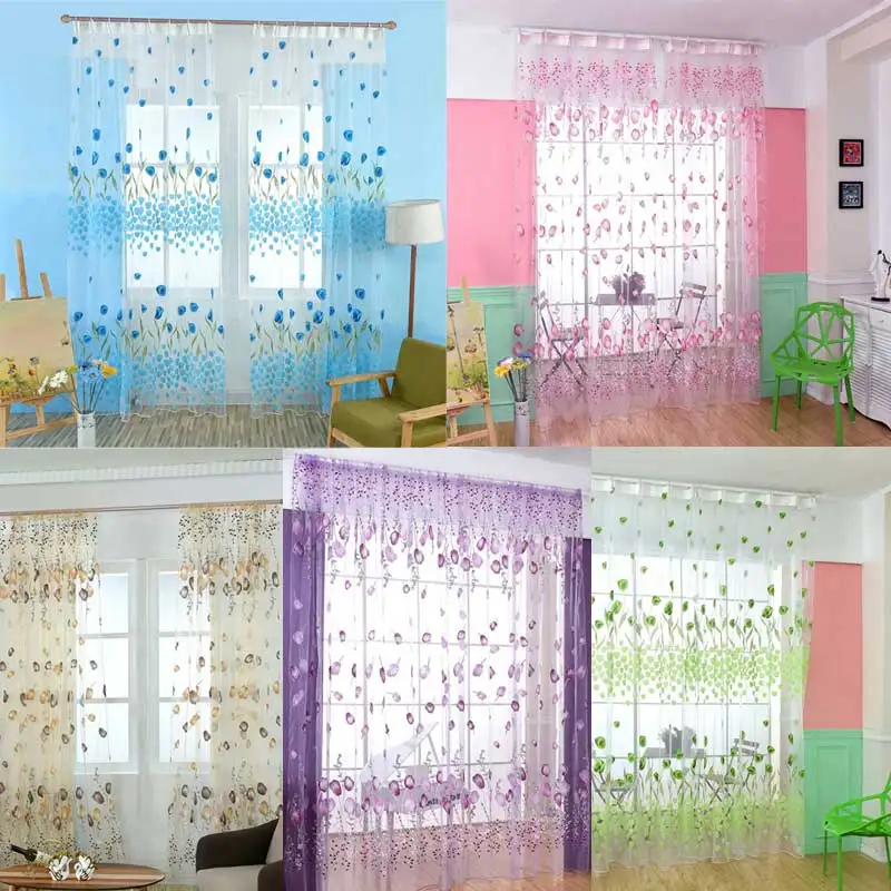 

1*2m Modern Window Curtain Tulips Flowers Tulle Valance Beads Tassel Door Drapes Sheer Curtain Panel Home Decoration G10