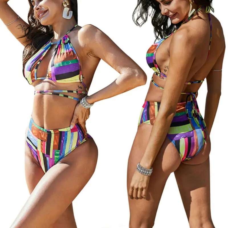 

Sexy Ladies Striped Bathing Suit Lace Up Bikini Set Beachwear Swimming Costume