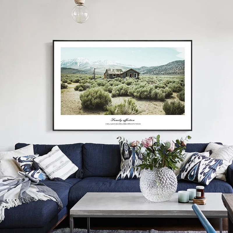 Скандинавское украшение живопись пейзаж с цветком растение зеленые листья дом