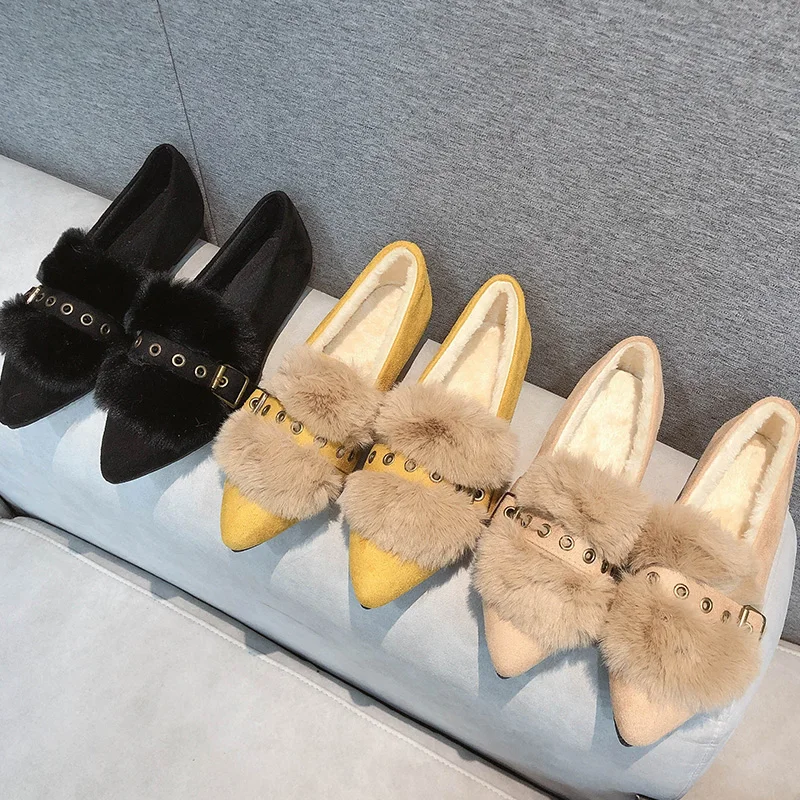 

Moccasin Shoes Pointed Toe Women Slip-on All-Match Loafers Fur Autumn Casual Female Sneakers Flats Moccasins New Slip On Winter