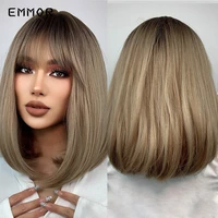 emmor synthetic ombre blonde hair wig with bangs for women straight bob wigs heat resistant fiber wigs cosplay daily wiging
