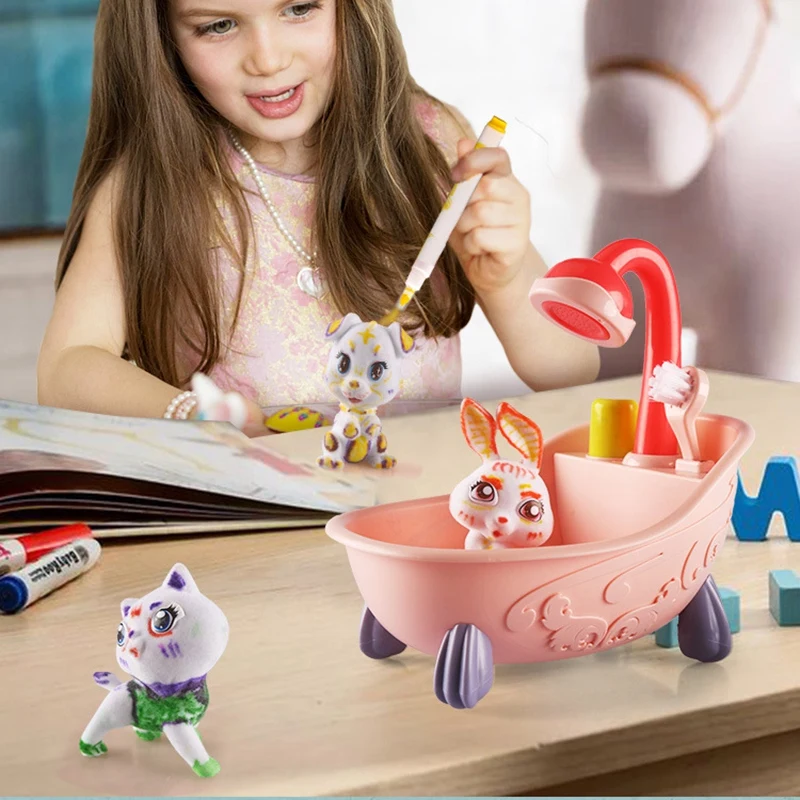 

Kids toy Diy Pet Painting Doodle Pet Frosted Animal Toy Set Come and Bathe Your Pet Graffiti Handmade Toy for Children Gifts