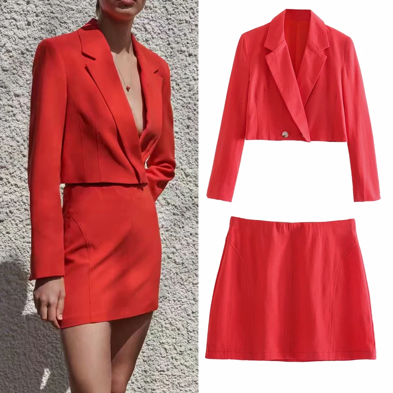

KUMSVAG женская летняя одноцветная юбка; Комплект одежды из 2 предметов, комплекты 2021 ZA Короткие пиджаки пальто и юбки женская элегантная одежд...