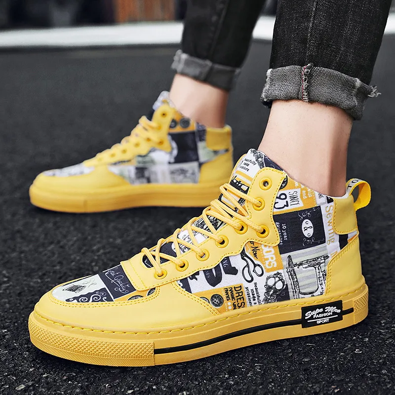Fashion Graffiti Printed Superstar Skateboard Shoes Men Yellow High top Men Sport Sneakers Platform Women Trainers Skate Shoes