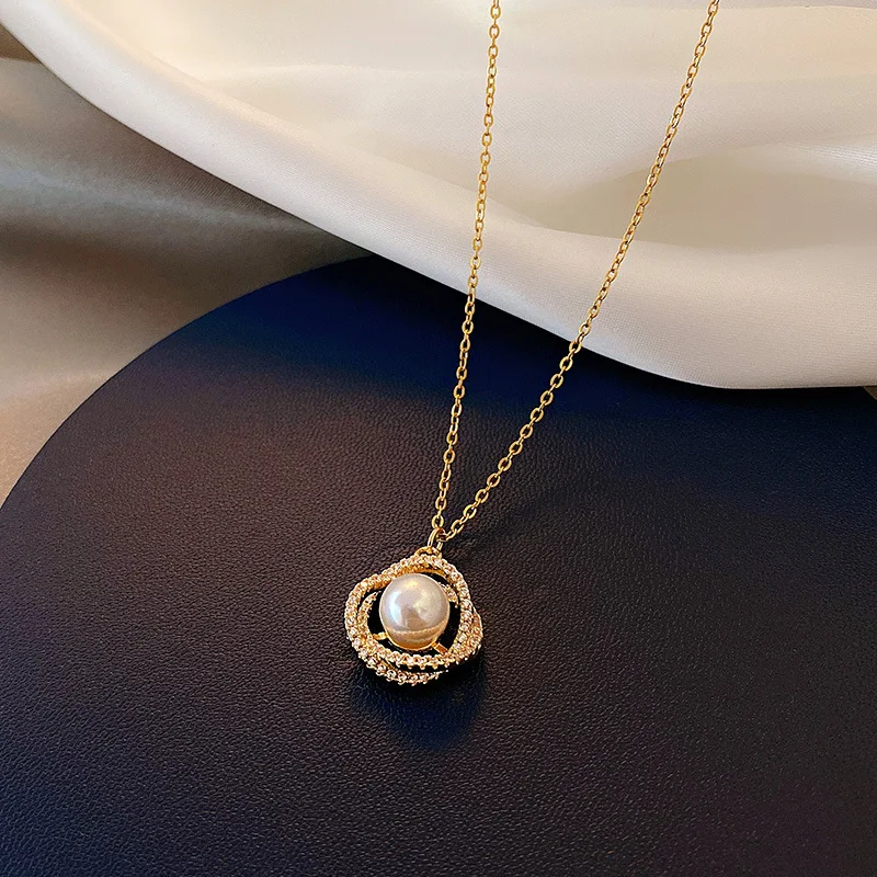 

2020 New FashionPearl Zircon Pendant Titanium Steel Necklace Femalekorean Temperament Clavicle Chain Jewelry