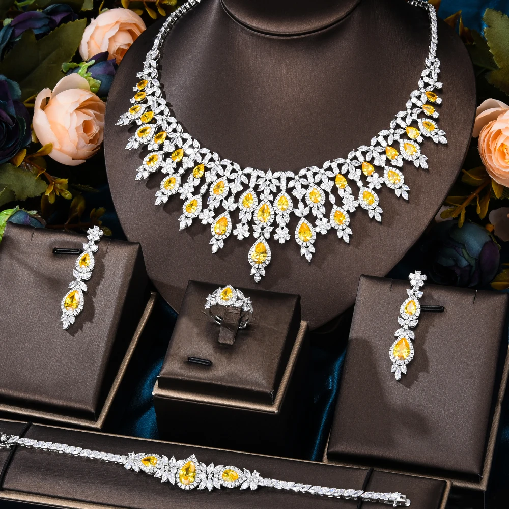 

missvikki High Quality Sparkly Luxury Blooming Shiny blue Necklace Bangle Earrings Ring Jewelry Set Brides Wedding Jewellery