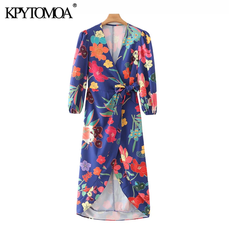 

KPYTOMOA Women 2021 Fashion With Tied Floral Print Wrap Midi Dress Vintage V Neck Three Quarter Sleeve Female Dress Vestidos